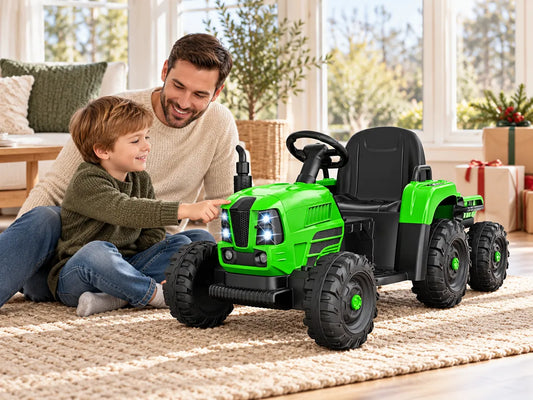Parent and child checking a green ride-on tractor before a Christmas first ride