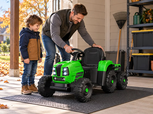 Green kids ride-on tractor being parked in a dry covered carport for winter storage