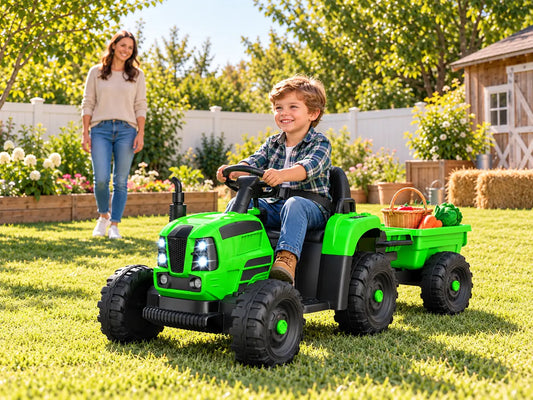 Child driving a green ride-on tractor with trailer through a sunny backyard farm-play route