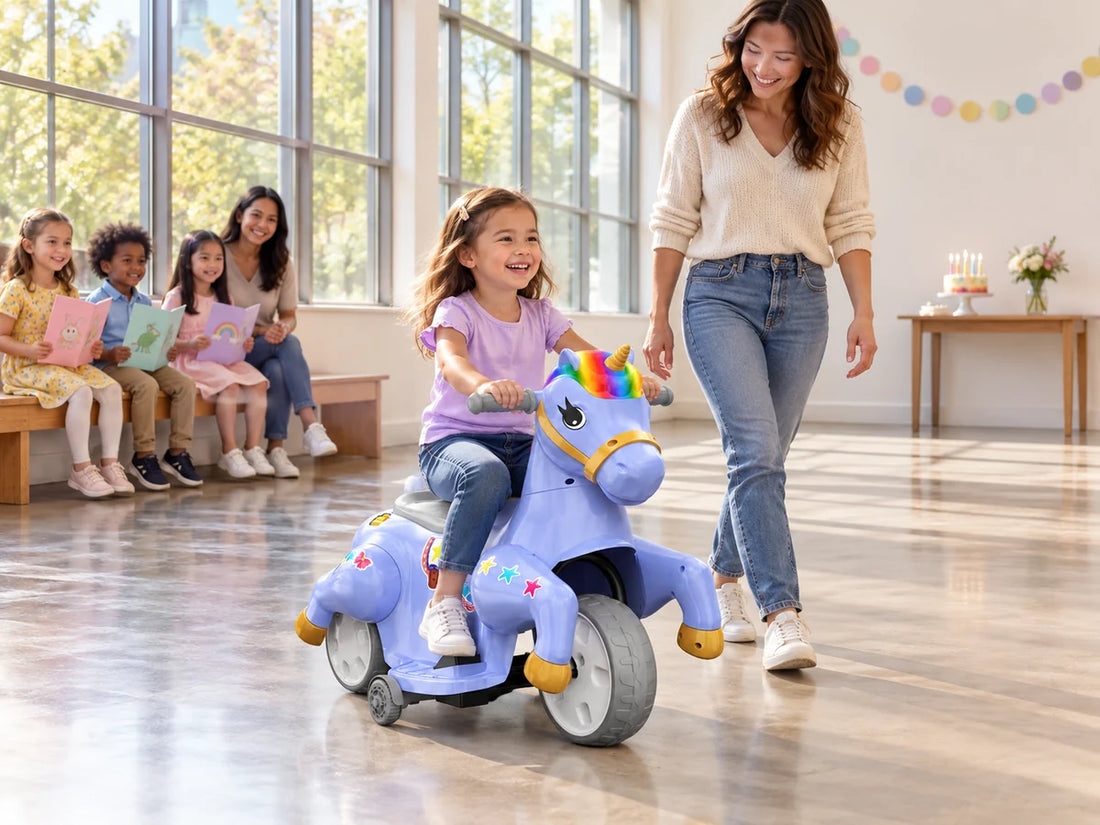 Parent supervising one child on the exact purple Akeleo unicorn ride-on during a birthday game