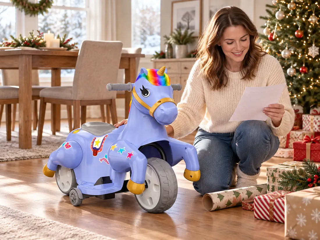 Parent preparing a purple electric unicorn ride-on as a Christmas gift