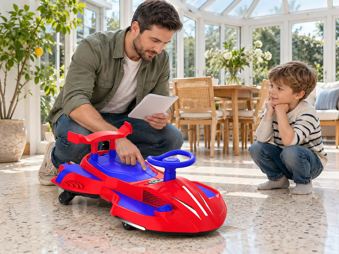 Parent sorting a symptom beside the exact red and blue Akeleo electric wiggle car while it is switched off