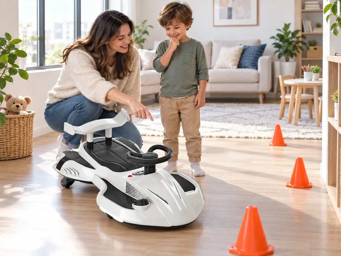 Parent and child checking space for a white electric wiggle cart