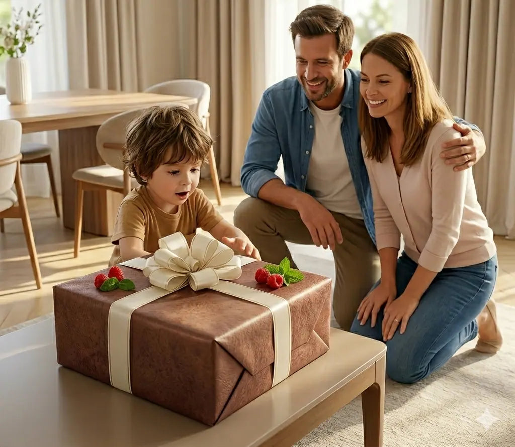 A happy young child looking excitedly at a beautifully wrapped surprise gift on a coffee table while parents watch with love in a bright, cozy living room