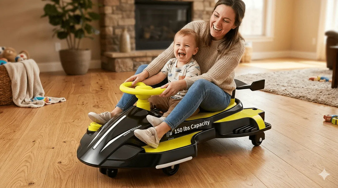 Mother and toddler enjoying indoor fun on a heavy-duty electric drift car with 150 lbs weight capacity.