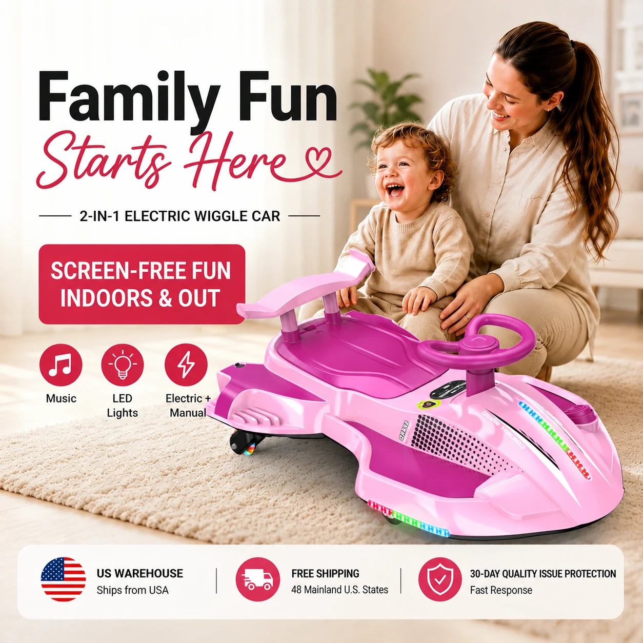 Pink Akeleo 2-in-1 electric wiggle car for kids