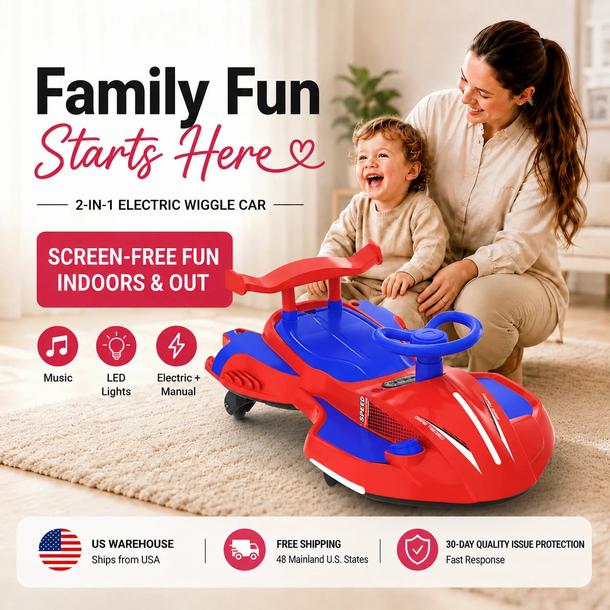 Red and blue Akeleo 2-in-1 electric wiggle car for kids