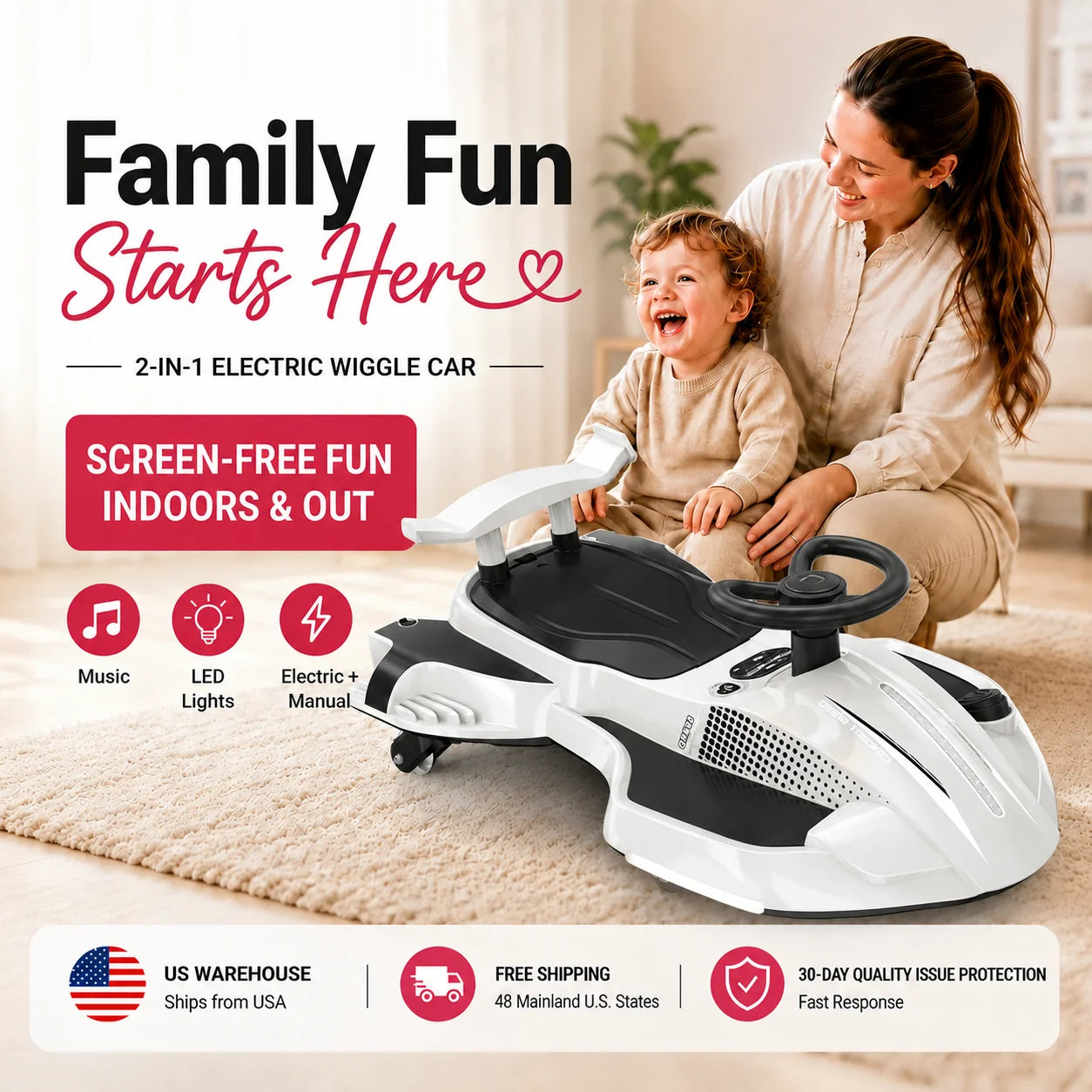 White and black Akeleo 2-in-1 electric wiggle car for kids