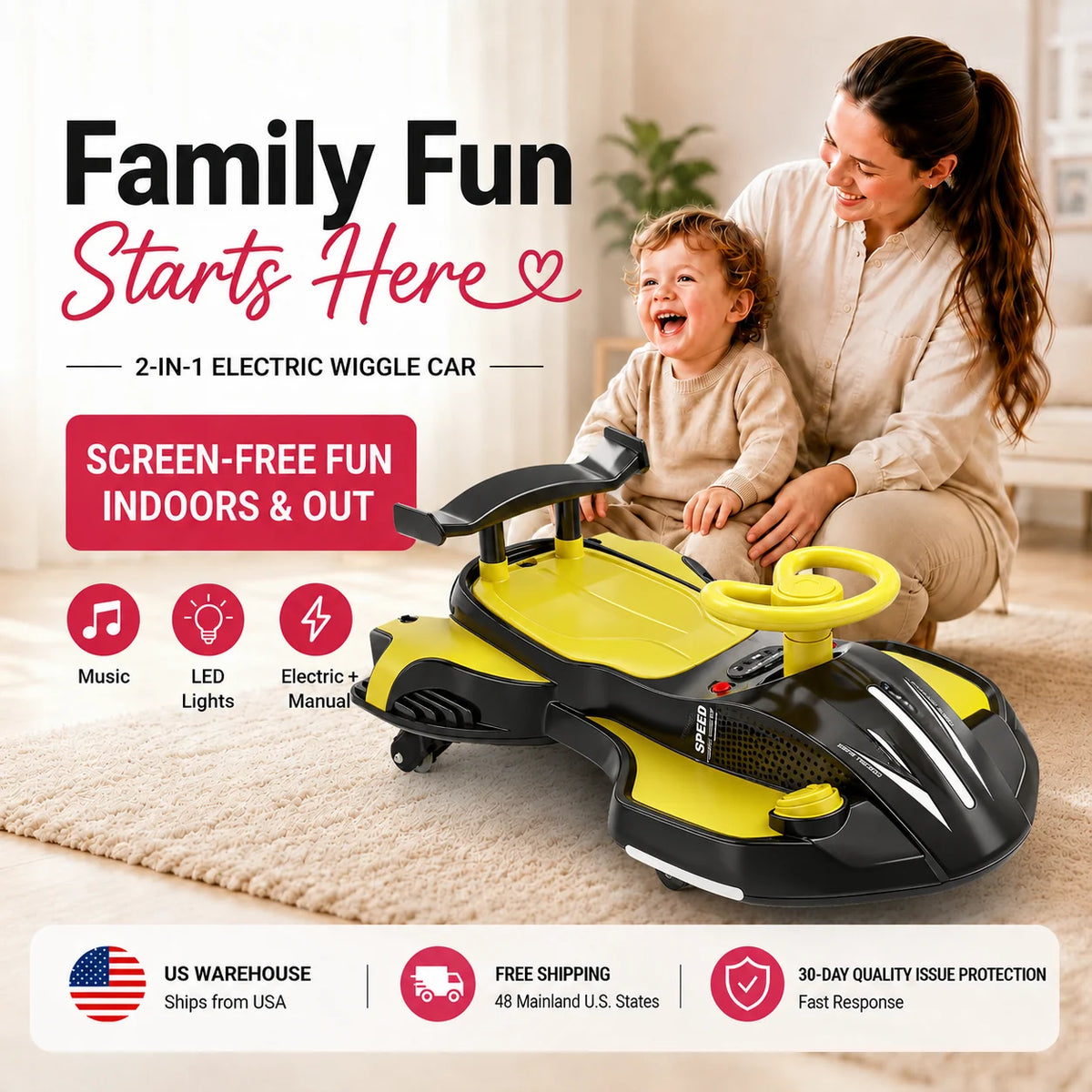 Yellow and black Akeleo 2-in-1 electric wiggle car for kids