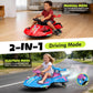 Akeleo 2-in-1 electric wiggle car showing manual mode, electric pedal mode, LED lights, and mist spray