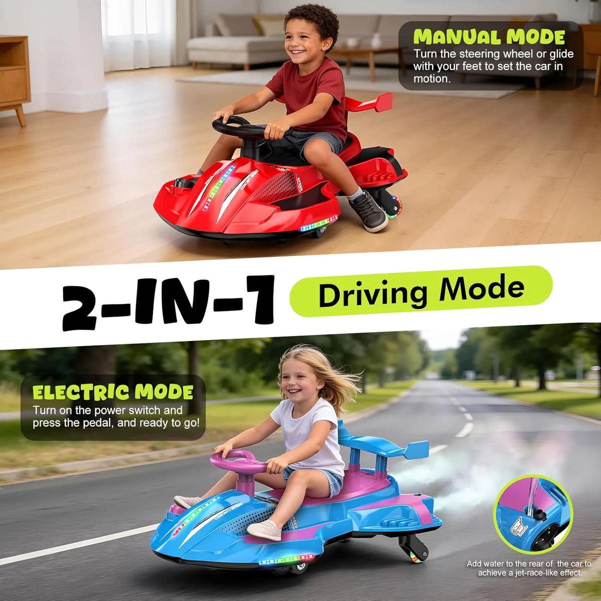 Akeleo 2-in-1 electric wiggle car showing manual mode, electric pedal mode, LED lights, and mist spray