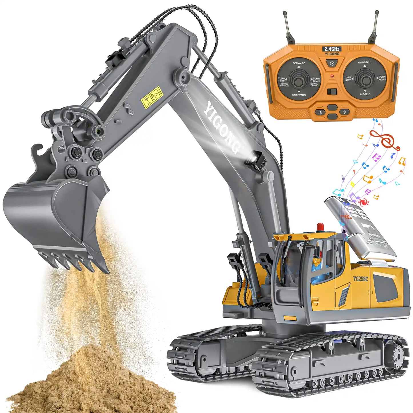 2.4GHz professional remote control excavator toy YG258C with music, lights, and digging function for realistic sandbox play