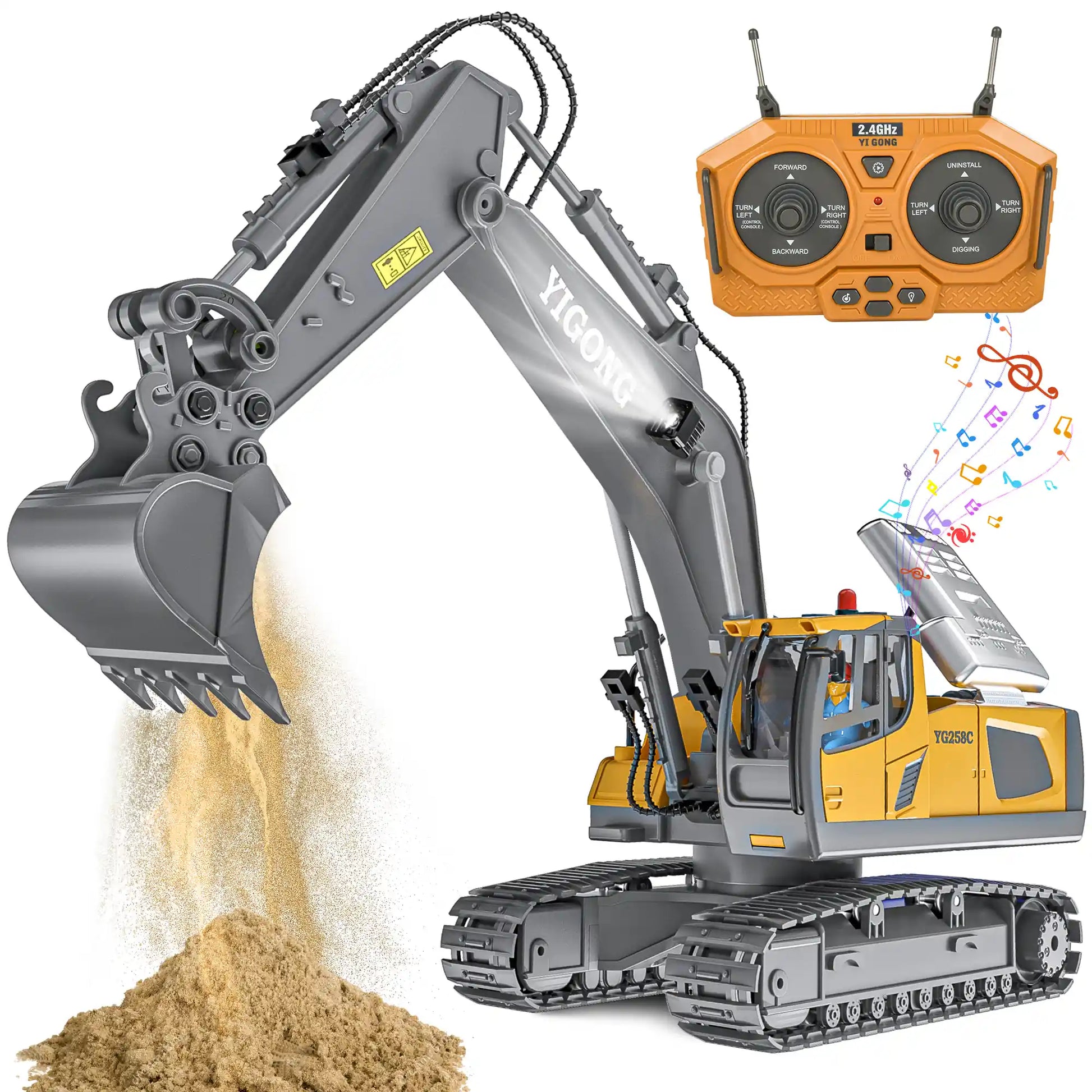 2.4GHz professional remote control excavator toy YG258C with music, lights, and digging function for realistic sandbox play
