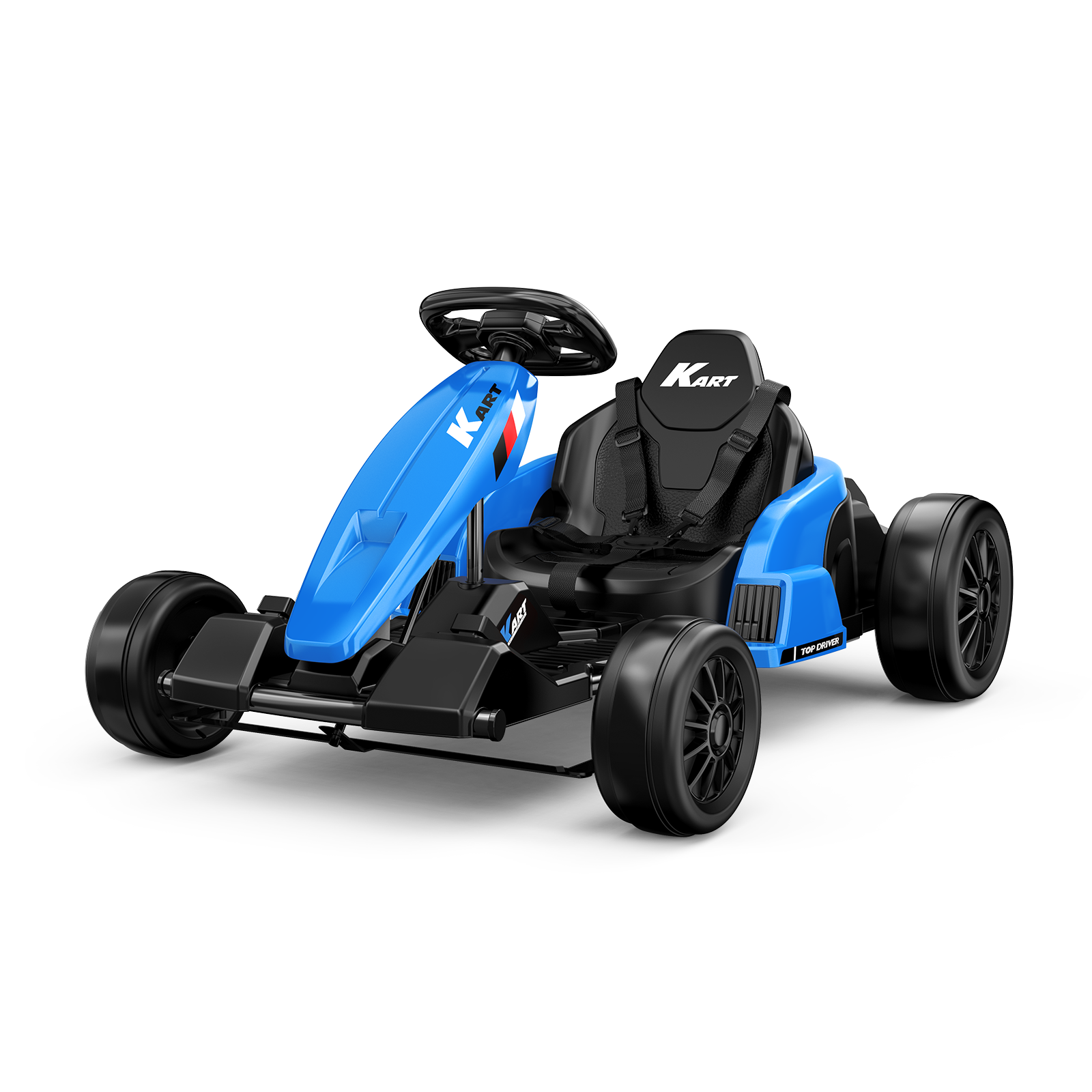 Blue electric drift go-kart for kids with bucket seat and seat belt on a white background.