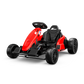 A bright red kids' electric go-kart with black racing seat, safety harness, and sporty wheels on a white background.