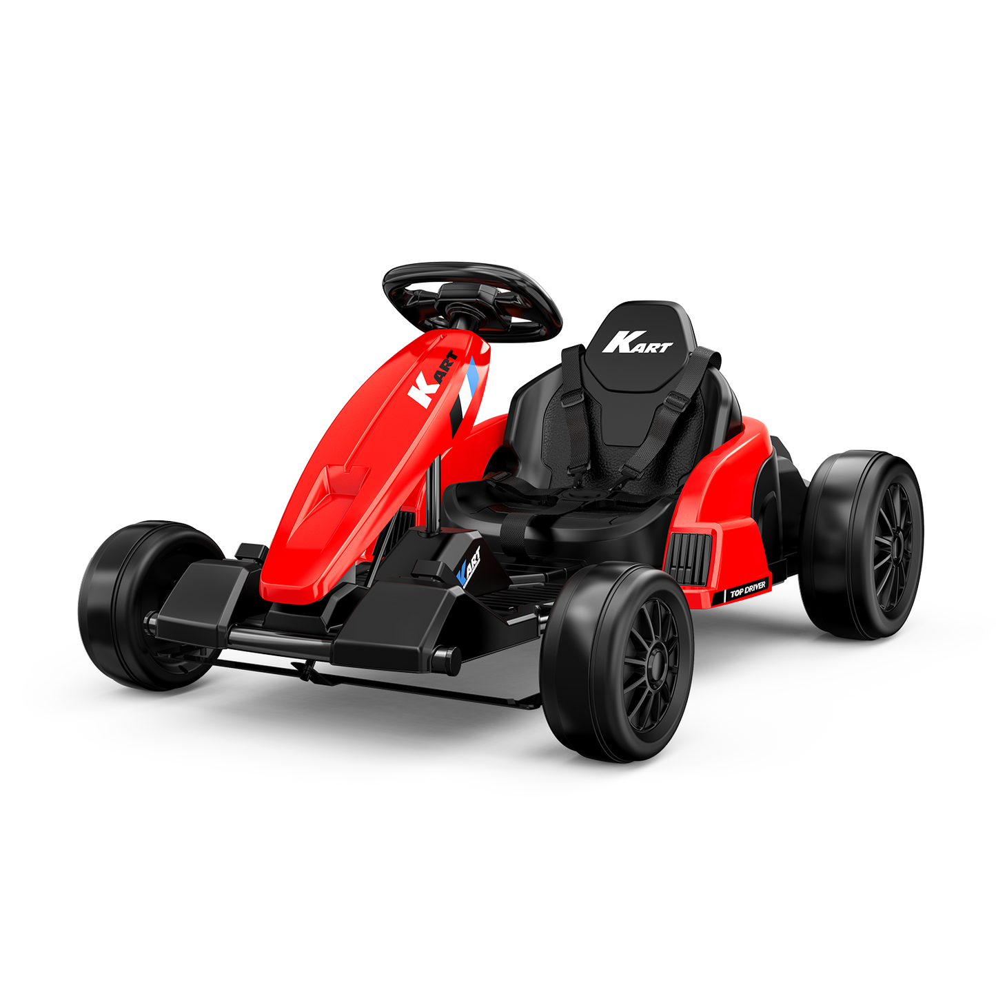 A bright red kids' electric go-kart with black racing seat, safety harness, and sporty wheels on a white background.