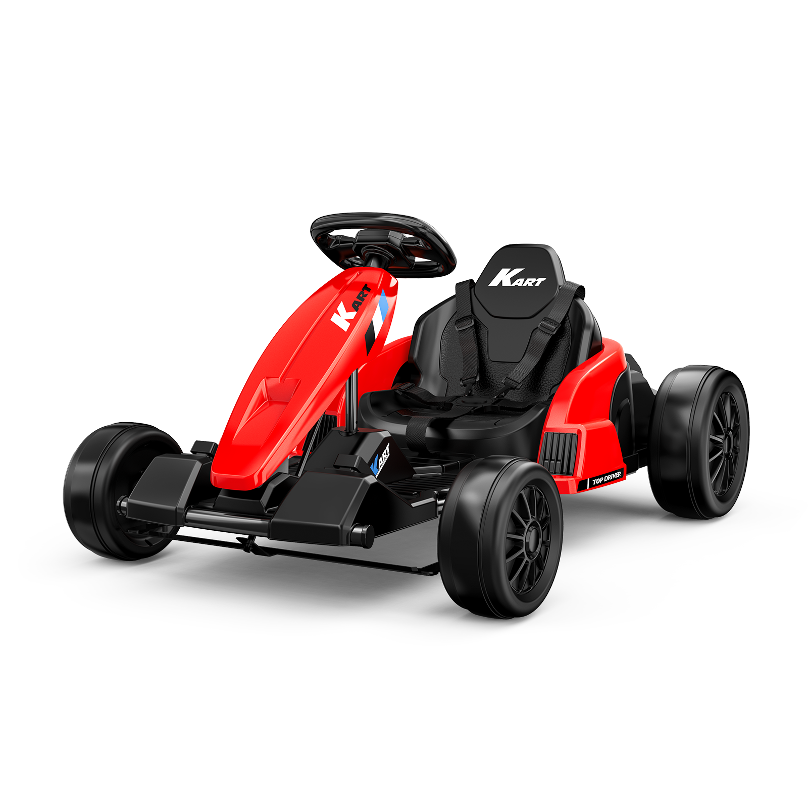A bright red kids' electric go-kart with black racing seat, safety harness, and sporty wheels on a white background.