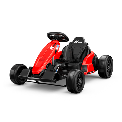 A bright red kids' electric go-kart with black racing seat, safety harness, and sporty wheels on a white background.