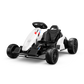 White electric drift go-kart for kids with bucket seat and adjustable seat belt on a white background.