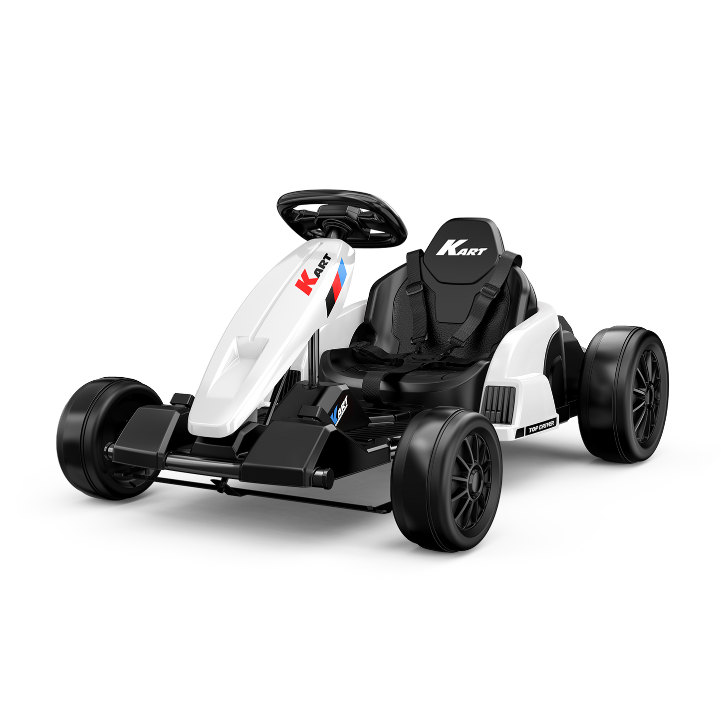 White electric drift go-kart for kids with bucket seat and adjustable seat belt on a white background.