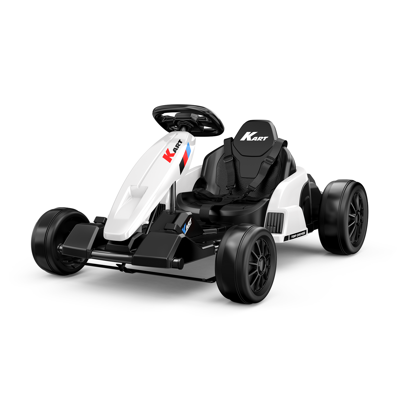 White electric drift go-kart for kids with bucket seat and adjustable seat belt on a white background.