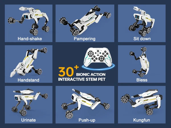 30+ bionic action programmable robot dog toy with mecanum wheels, interactive STEM learning pet robot, features hand-shake, pampering, sit down, handstand, bionic action interactive STEM pet, bless, urinate, push-up, kungfu, for kids.