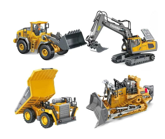Set of four Akeleo remote control construction toy vehicles including excavator and bulldozer