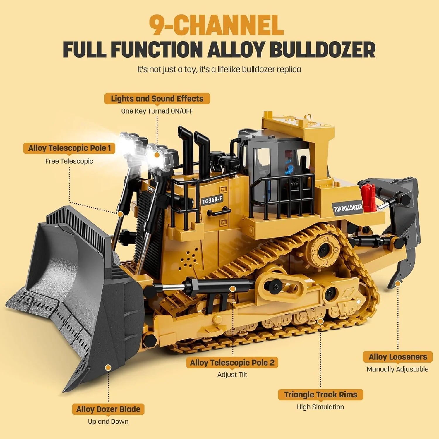 9-channel full function alloy RC bulldozer toy TG368-F with alloy dozer blade, lights, sound effects, and adjustable tracks