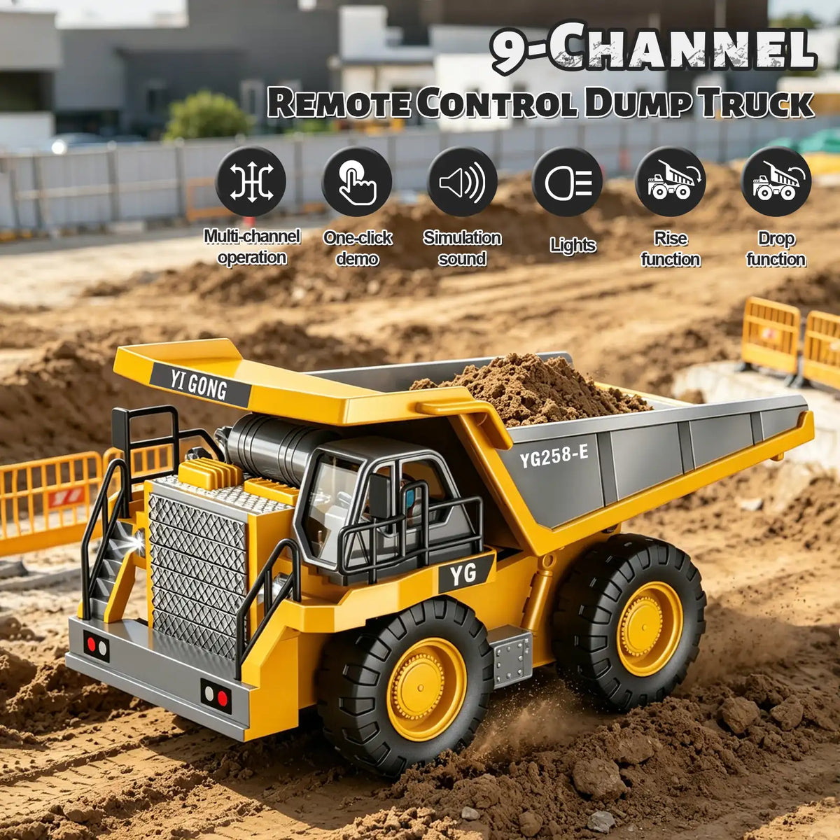 Akeleo RC construction toy - 9 channel RC dump truck engineering vehicle toy with sound lights yellow YG258