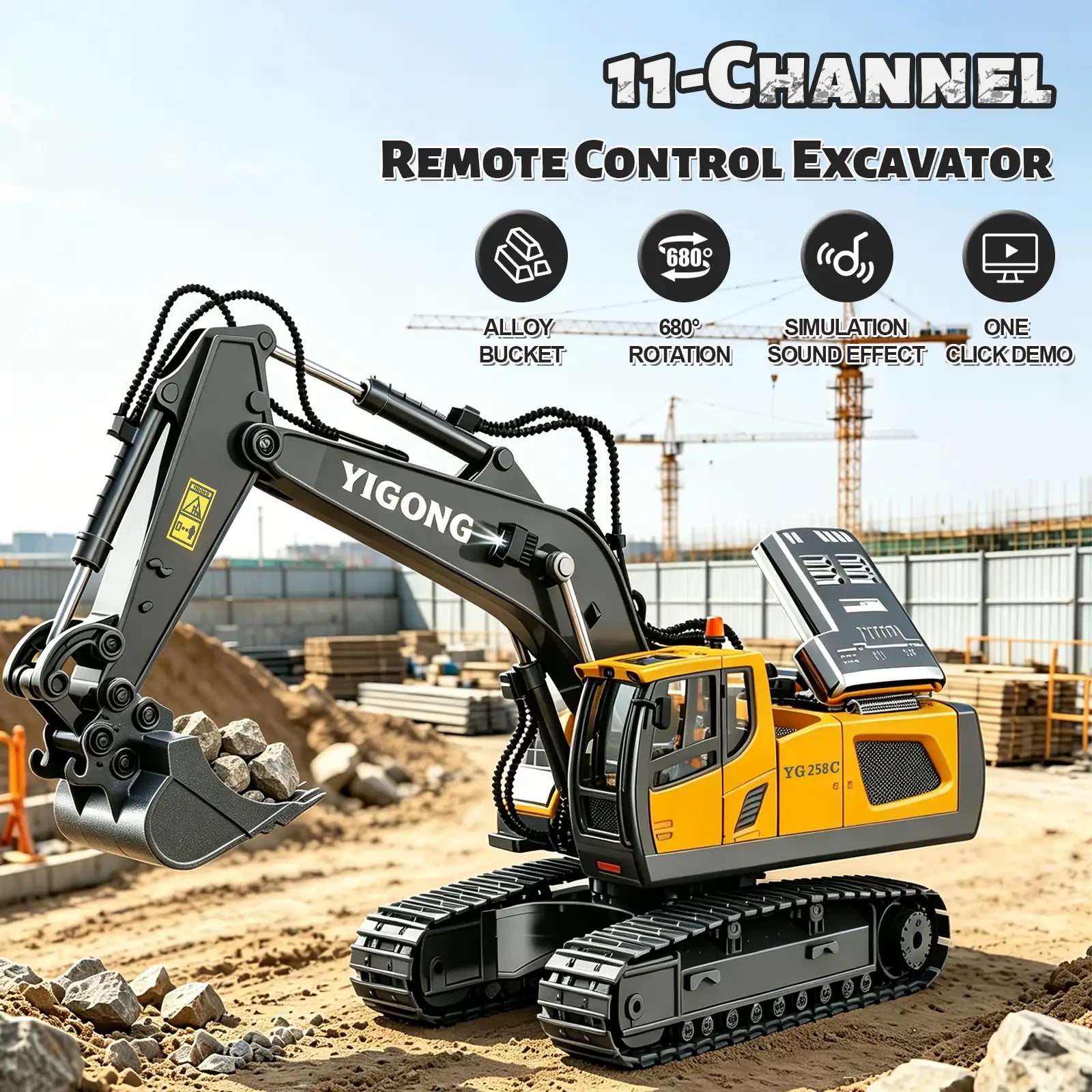 Akeleo RC construction toy - 11 channel RC excavator alloy bucket black yellow