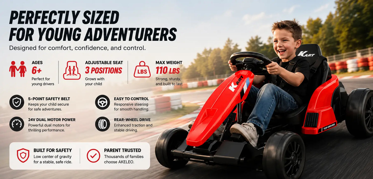 AKELEO 24V Kids Drift Go Kart with seat belt, adjustable seat, dual 85W motors, rear-wheel drive and 150 lbs weight capacity for children ages 6 and up.