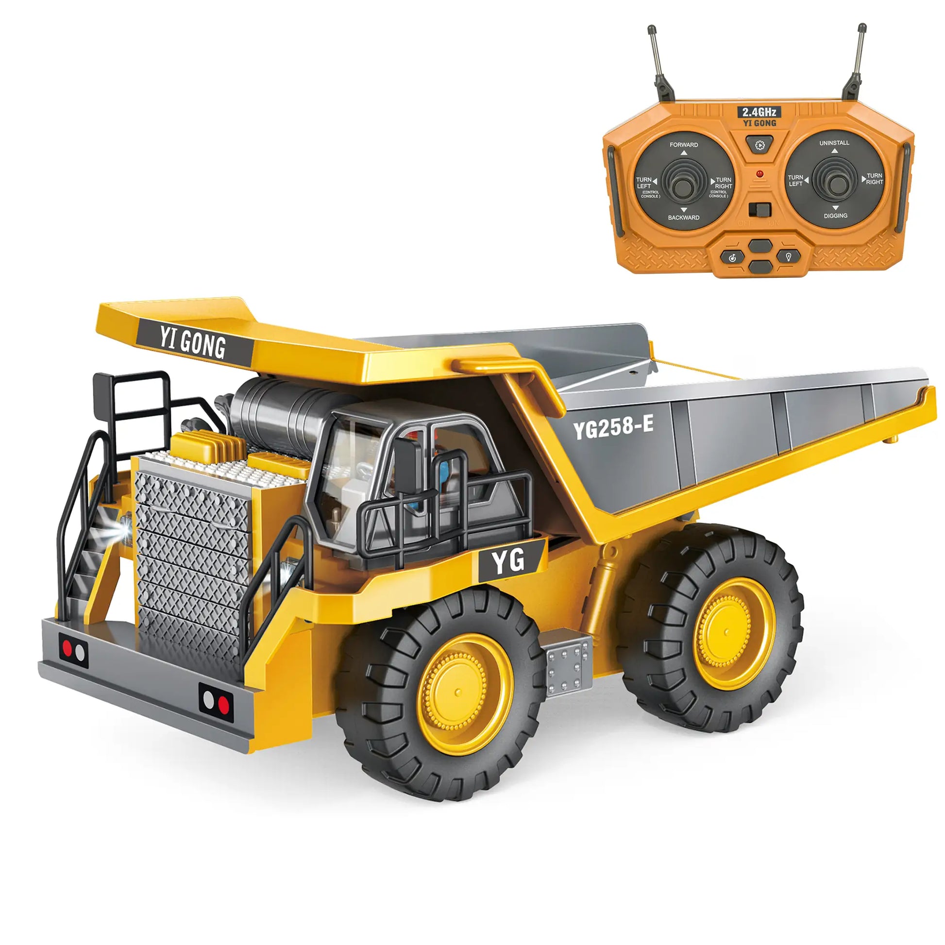 1/24 scale heavy-duty remote control dump truck toy YG258-E with 2.4GHz transmitter for kids