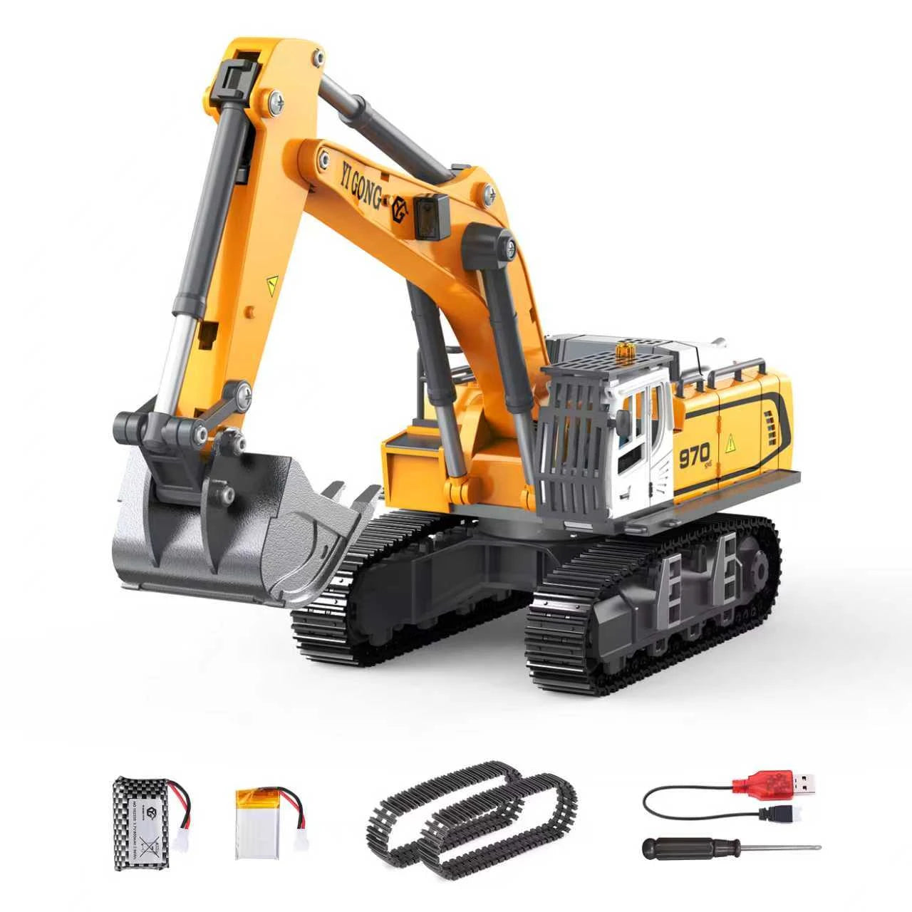 970 RC excavator model, full-functional construction vehicle toy with tracks, rechargeable battery, and assembly tools.