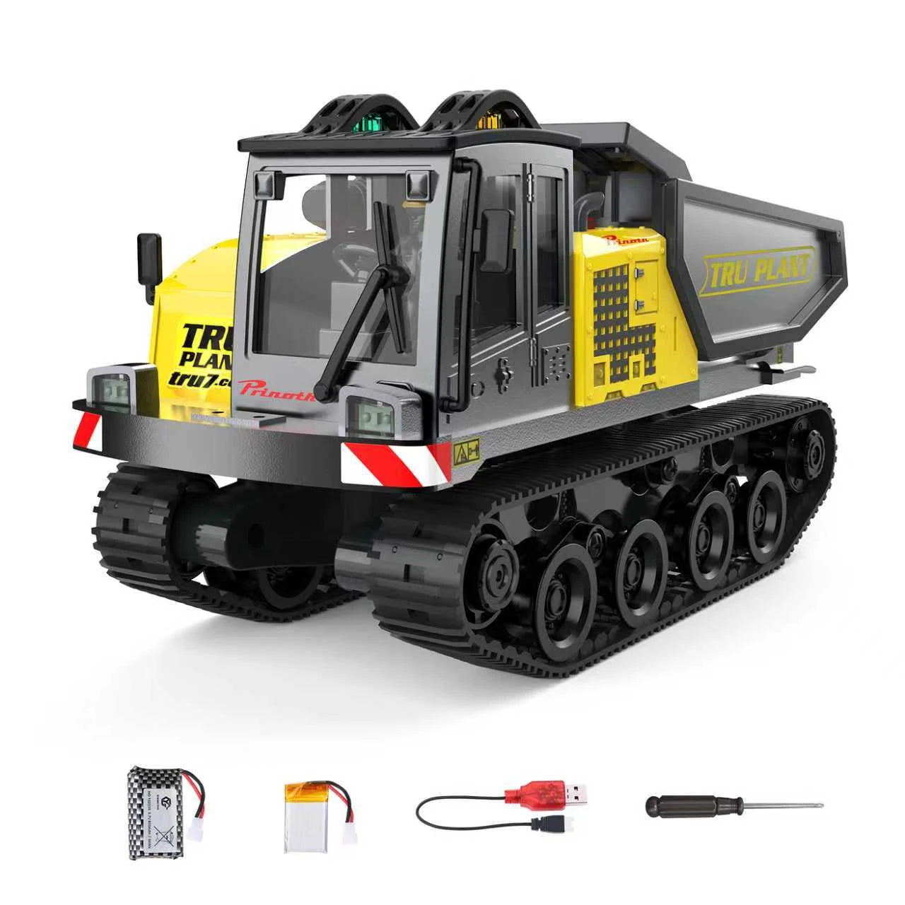 TRU PLANT remote-controlled tracked dump truck toy, high-detail Prinoth construction vehicle model with rechargeable battery and accessories.