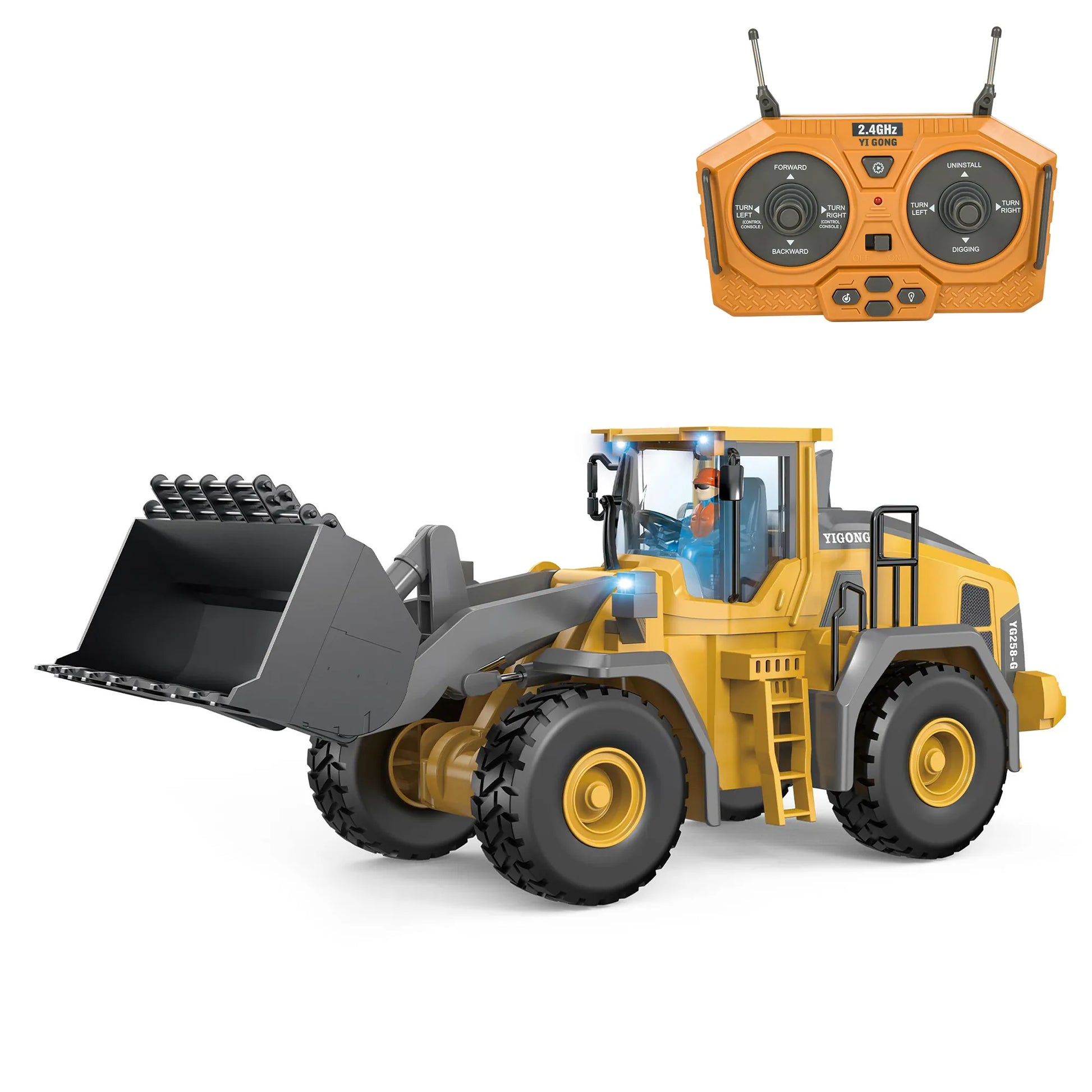 remote control front loader truck toy for kids, featuring LED lights and 2.4GHz controller