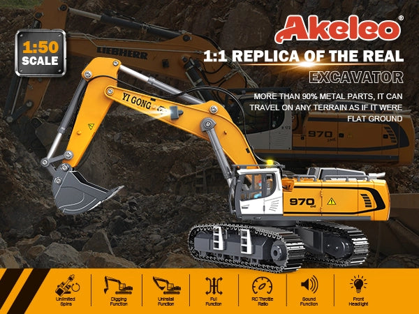 Akeleo RC construction toy - 1 to 50 scale 970 RC excavator all terrain heavy metal parts