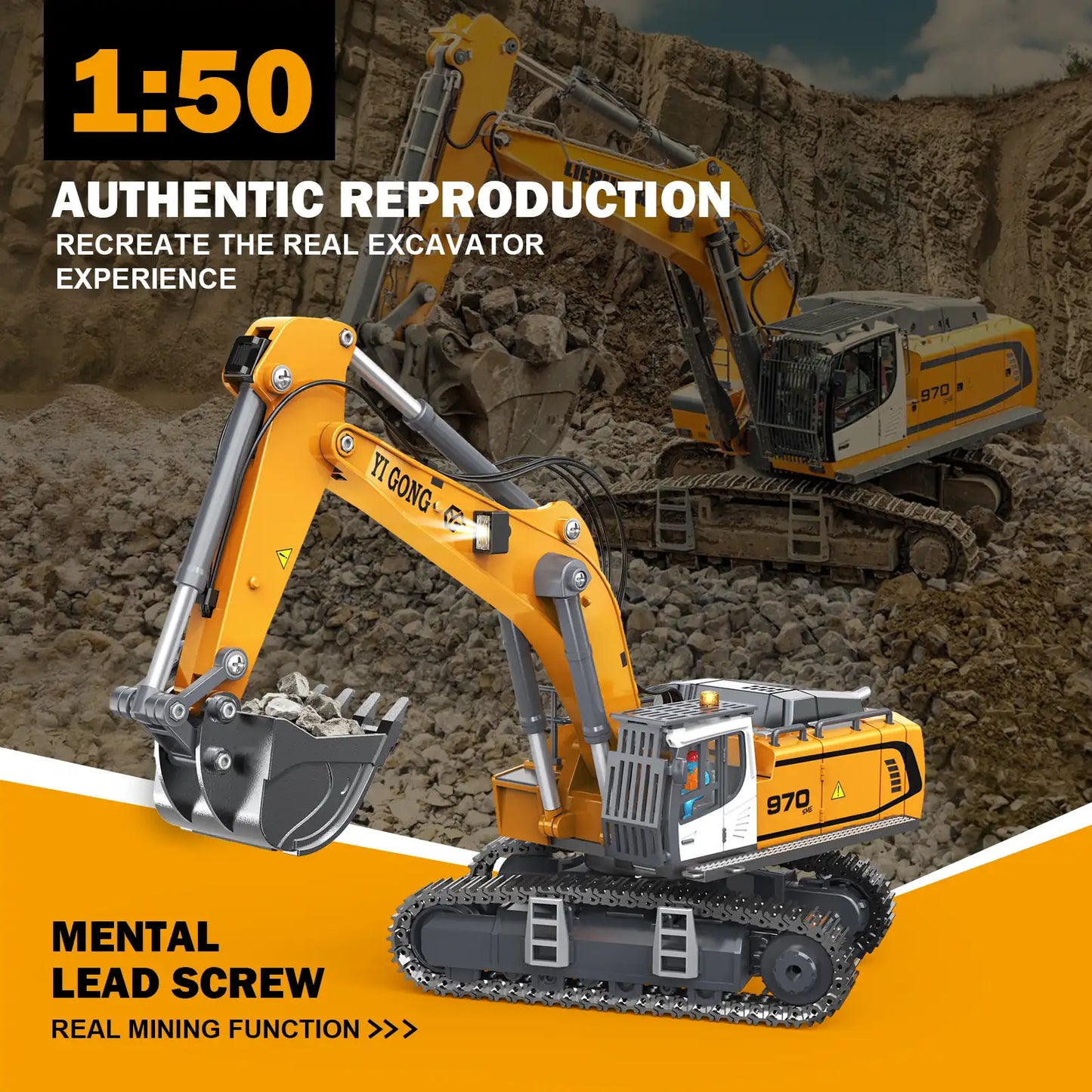 Akeleo RC construction toy - 1 to 50 scale 970 RC excavator metal lead screw