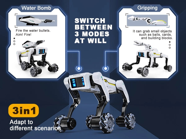Akeleo 3-in-1 transforming RC robot dog with water bomb and gripper
