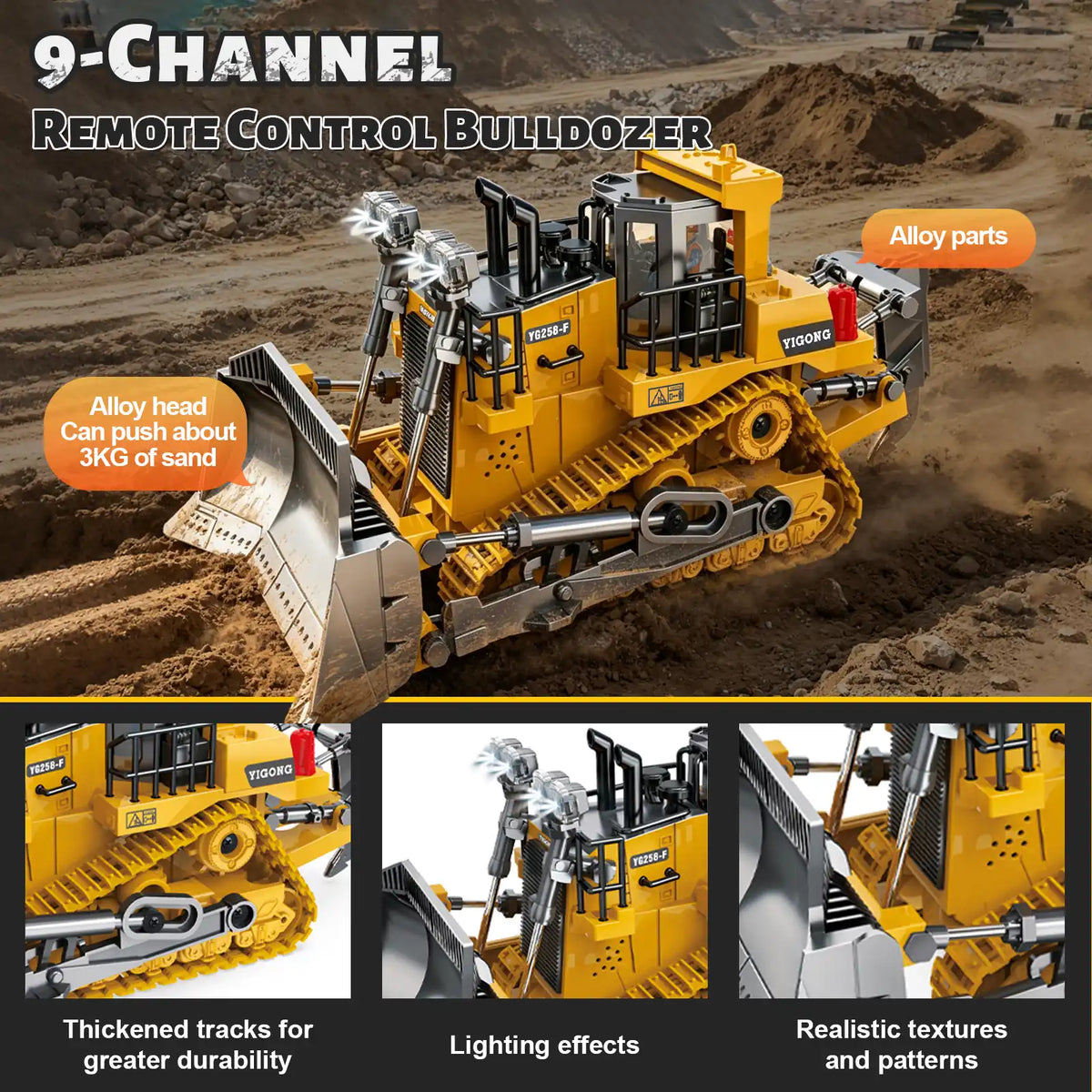 Akeleo RC construction toy - 9 channel RC bulldozer alloy blade tracks yellow YG258