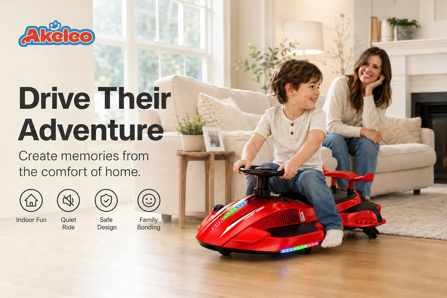 Akeleo electric wiggle car for kids during supervised indoor family play