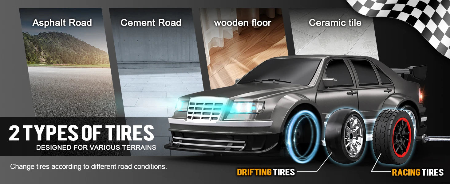 RC drift car with two types of interchangeable tires for asphalt, cement, wood, and ceramic tile surfaces
