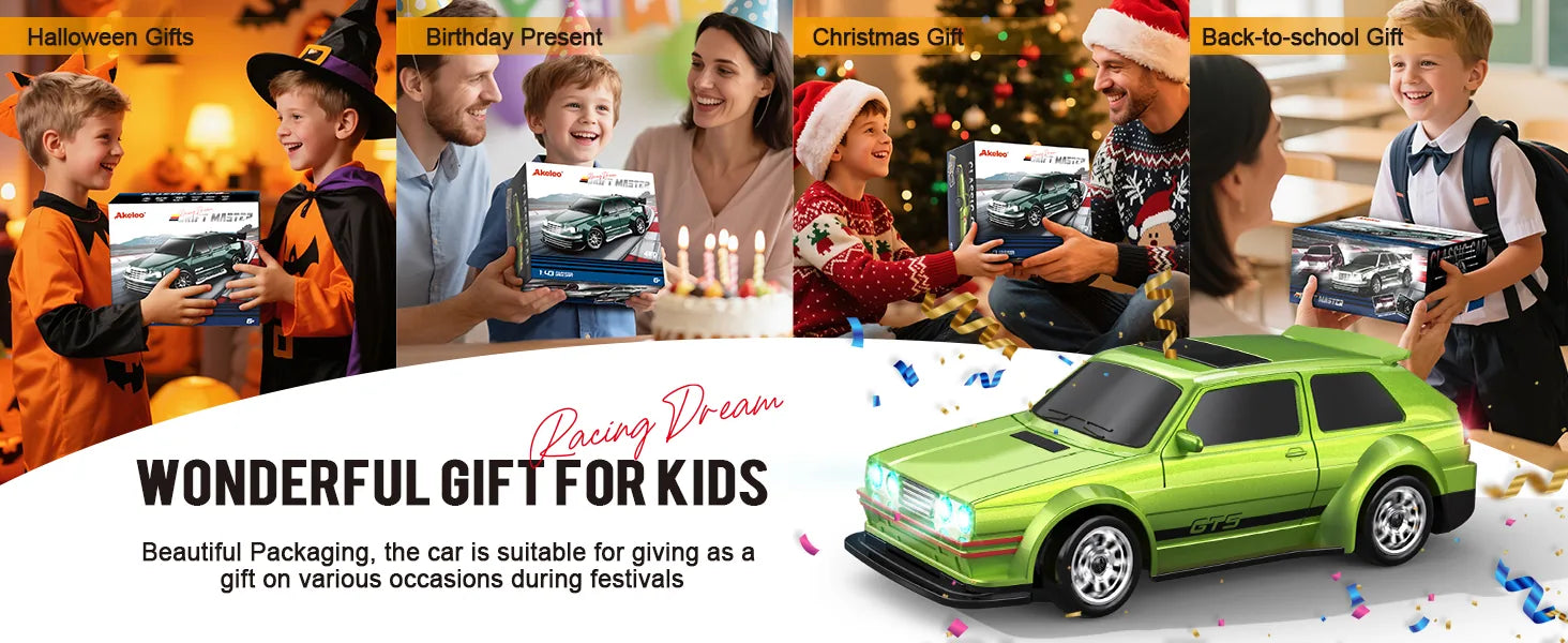 Akeleo RC drift car in beautiful packaging, the perfect gift for kids for birthdays, Christmas, Halloween, and back-to-school celebrations.