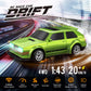 Akeleo 1:43 scale 4WD RC drift car featuring 20+ km/h speed, 2.4GHz control, gyroscope stability, replaceable body shells, and two sets of tires for versatile racing performance.
