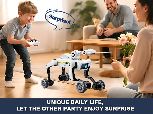 Akeleo RC robot dog toy in a family surprise moment