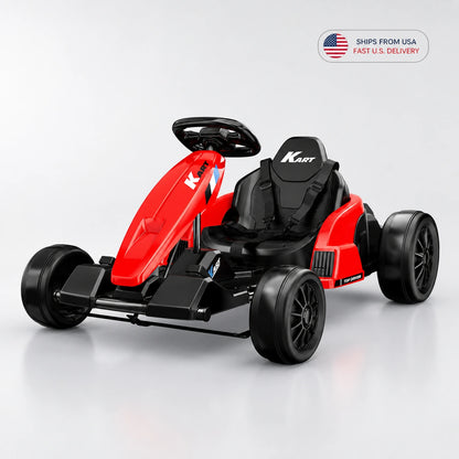 Red Akeleo kids electric go-kart with US shipping message