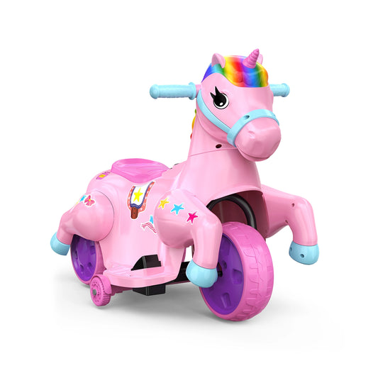 Pink Akeleo electric unicorn ride-on horse for kids with blue accents and training wheels