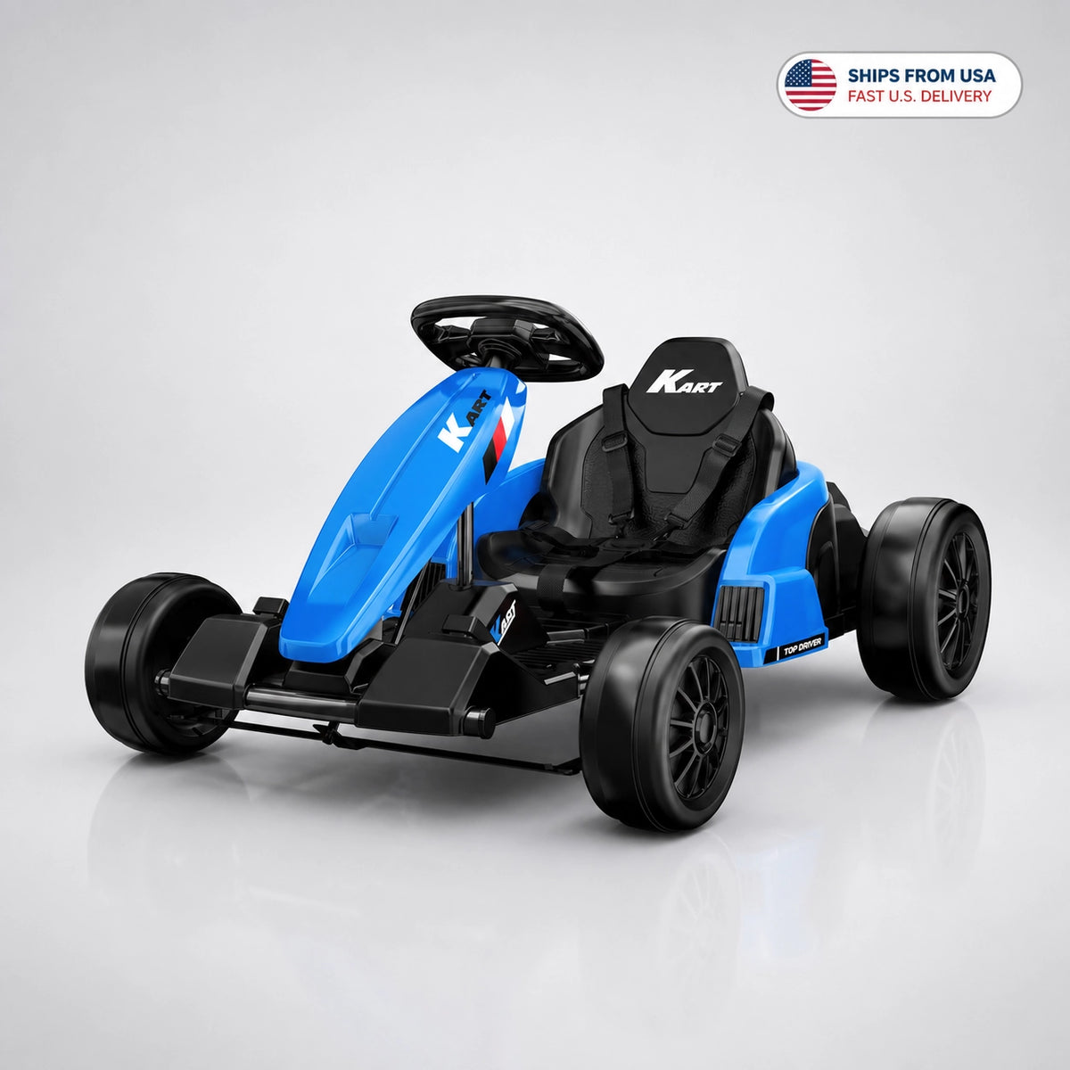 Blue Akeleo kids electric go-kart with US shipping message