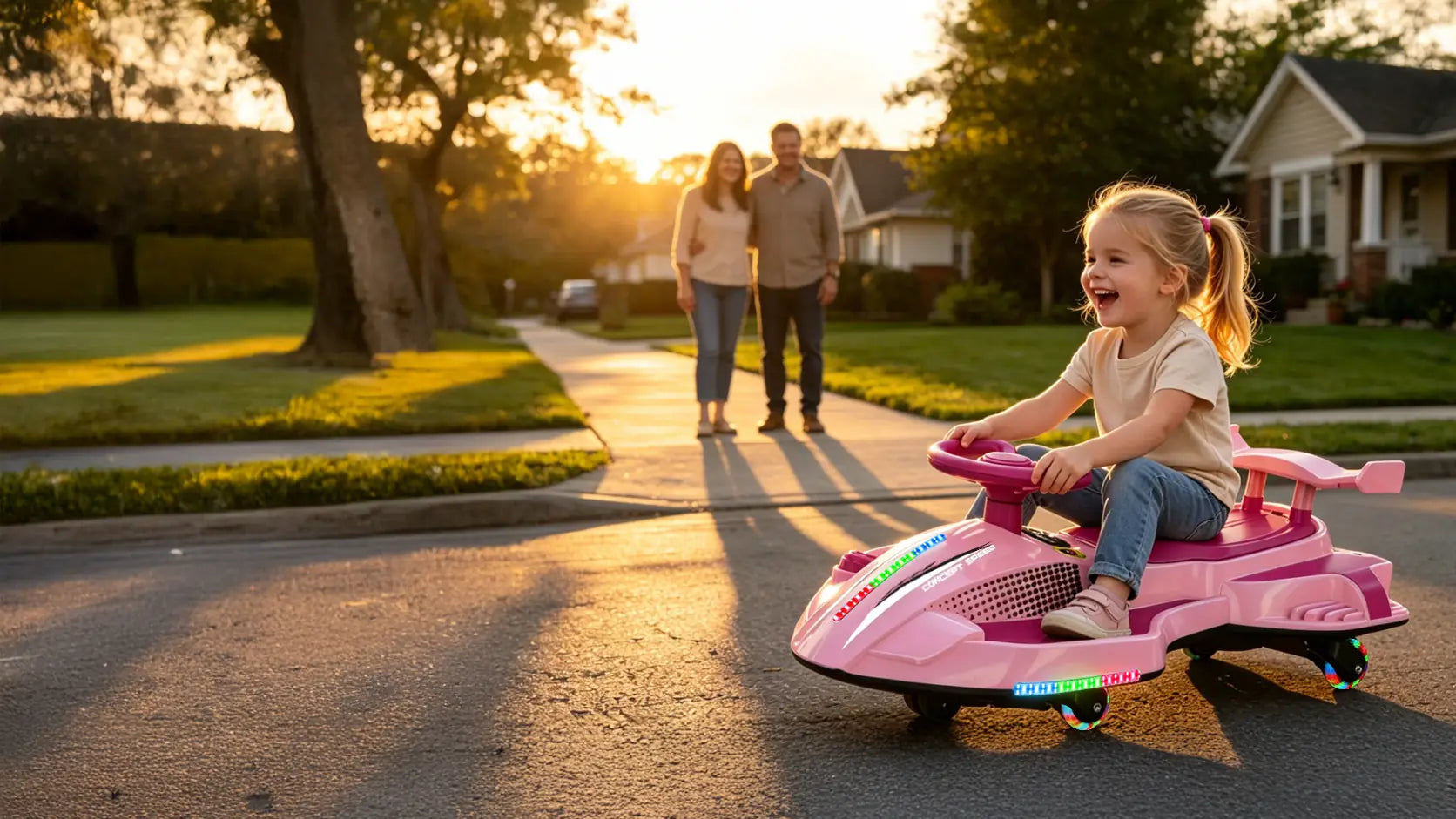 "A happy young girl driving a pink electric go-kart on a suburban street at sunset, with parents watching in the background."