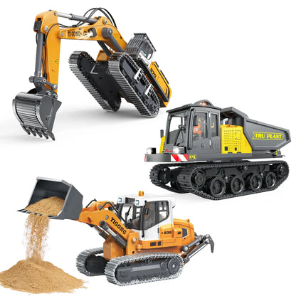 Construction vehicle set featuring an RC excavator, dump truck, and bulldozer for realistic engineering play.