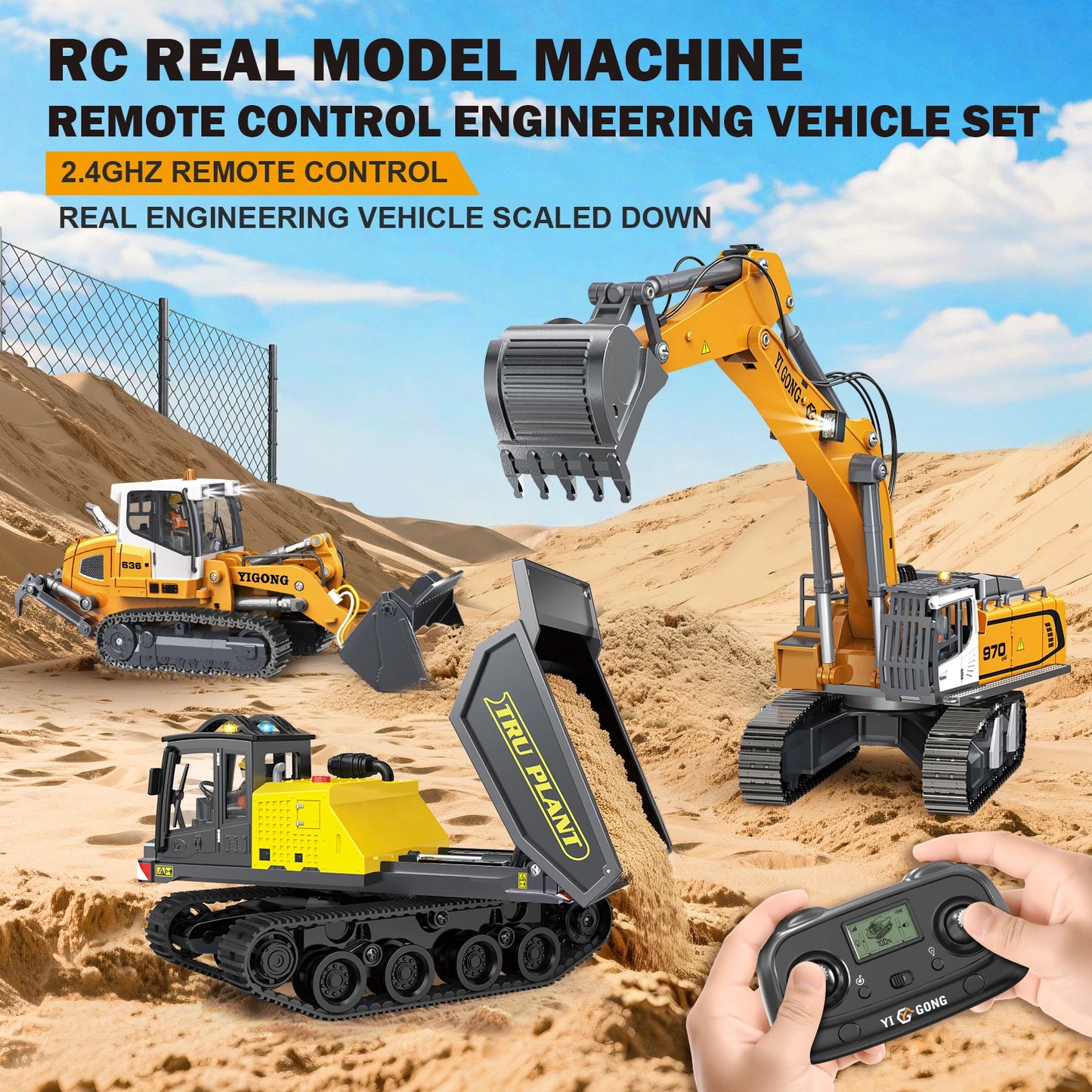 2.4GHz remote control construction vehicle set, including a highly detailed RC excavator, dump truck, and bulldozer for realistic engineering simulation.